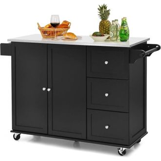 Costway Carrello da Cucina, Isola da Cucina con Piano in Acciaio Inox, 3 Cassetti e Armadietto a 2 Ante, Ripiani Regolabili e Portasciugamani e Portaspezie