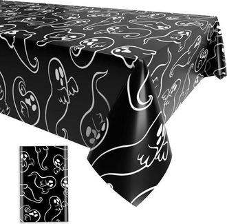 OEM Mantel Desechable Rectangular Negro, Grande, Impermeable, Con Estampado De Fantasmas, Ideal Para Halloween (137 X 221 Cm). Decoraci&oacute;n Para Mesas De Ex
