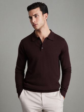 Reiss Trafford Dark Bordeaux Merino Wool Long-sleeve Polo Shirt, M, Burgundy
