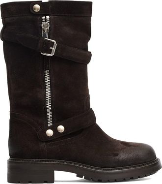 Strategia Dark Brown Suede Biker Ankle Boots With Zipper And Buckle Accents
