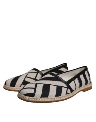 Dolce & Gabbana Mens Black White Stripes Slip On Espadrille Shoes And Linen Leather