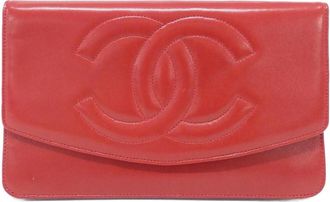 Chanel Red Color Leather Long Wallet (Bi-Fold) (Pre-Owned)