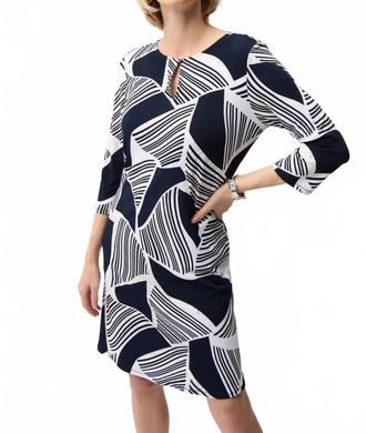 Joseph Ribkoff Silky Knit Geometric Print Dress With Keyhole In Vanilla/multi
