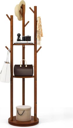 Costway Costway - Perchero De Pie Giratorio A 360&deg;, Perchero De Madera De 167 Cm Con 3 Estantes De Almacenamiento Y 9 Ganchos Para Sombreros Y Bolsos, Percher