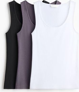 H&M 3-pack Ribbed Vest Tops in Black/dusty Purple/white at Nordstrom, Size Xx-Large