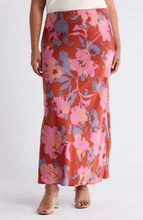 Renee C Floral Satin Maxi Skirt in Rust at Nordstrom Rack, Size 2X