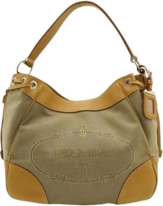 Prada Pre-owned Vintage Canvas Shoulder Bag - Dames - Vintage Schoudertas - Beige - ONE Size - Leer - Vintage