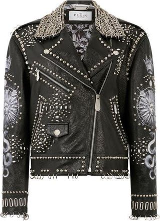 Philipp Plein Oversized Biker Jacket Studs Butterfly Tattoo Women in Black at Nordstrom, Size X-Small