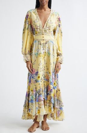 Camilla Darling Buds Floral Long Sleeve Silk Button Front Dress at Nordstrom, Size X-Small