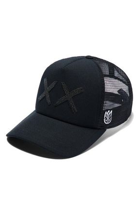 Cult of Individuality XX Crystal Embellished Trucker Hat in Black/Black at Nordstrom