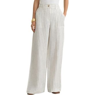 Reiss Ashby Wide Leg Linen Pants in White/Navy at Nordstrom, Size 10 Us