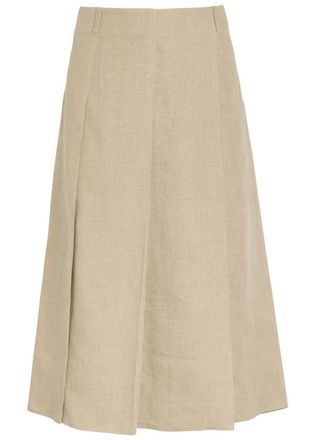 Tod's Pleated Linen Midi Skirt - Beige - 42 (UK10 / S)