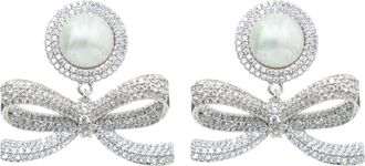 Self Portrait Silver Crystal Bow Pearl Earrings