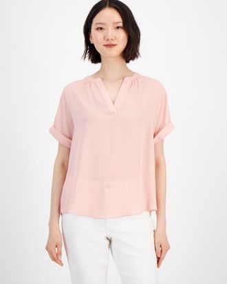 T Tahari Top Women Paradise Short Sleeve Rolled Cuff Split Neck Pullover FTS1227