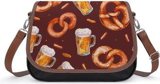 Generic Pretzel And Beers Pattern Crossbody Bag Womens Handbag PU Message Bags Shoulder Purse with Adjustable Strap