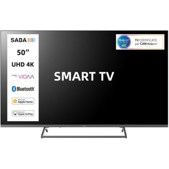 Saba SMART TV 50 pollici ULTRA HD 4K, Sistema operativo VIDAA, Triplo ter DVBT2/C/S2 HEVC MAIN10, Certificato TivuSAT, Piedistallo centrale, Dolby