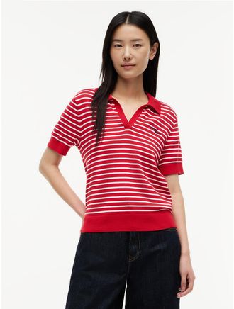 Tommy Hilfiger Womens Hilfiger Script Striped Sweater Polo - Primary Red - XS