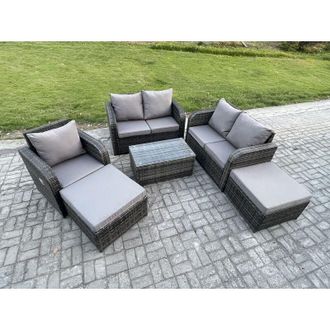 Fimous 7 Seater Garden Furniture Set Rattan Outdoor Lounge Sofa Chair With Tempered Glass Table 2 Big Footstool Dark Grey Mixed - Fimous