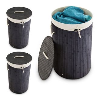 Relaxdays 3 Cestos Ropa Sucia Con Tapa, Redondo, Cubo Colada, Canasta Plegable, Bamb&uacute;, 70 L, &Oslash; 41 Cm, Negro