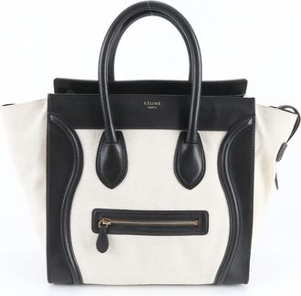 Celine Black White Leather Canvas Handbag Shoulder Bag Tote Bag (Pre-Owned)