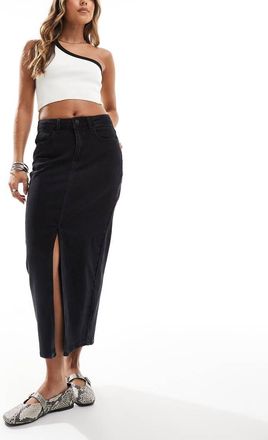 Vila high rise denim front split midi skirt in black wash