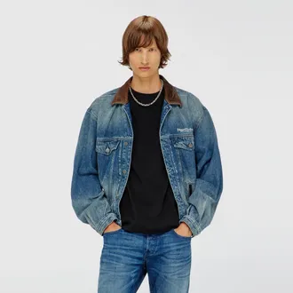 Diesel Denim trucker jacket with contrast leather trims - Denim Jackets - Unisex - Blue