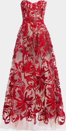 Elie Saab Strapless Sequined Velvet Floral Tulle Gown