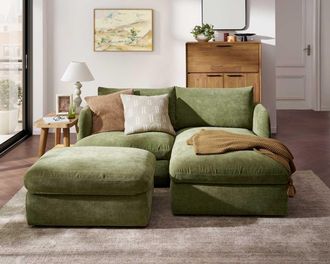 Castlery Ollie Storage Small Chaise Sectional Sofa with Ottoman, Green, Removable Covers, Gaslift Storage