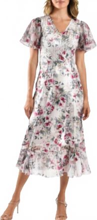 Komarov Charmuese Dress With Chiffon Flutter Sleeve In Wildflower Fields