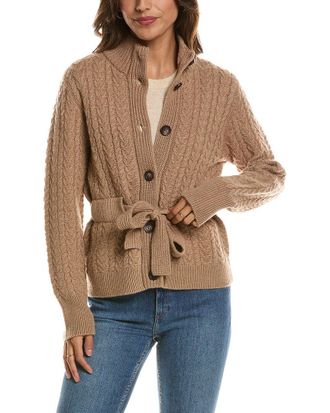 Fort&eacute; Cashmere Military Cable Wool & Cashmere-Blend Cardigan