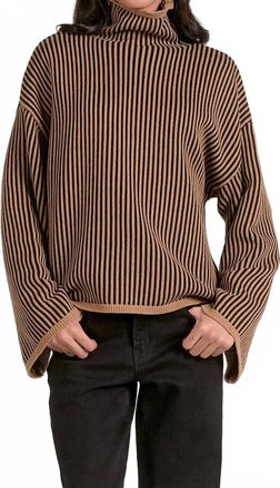 Elan Versatile Timeless Striped High Neck Sweater In Tan Black Stripe