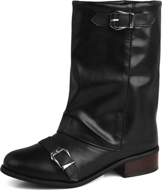 Generic Womens Fold Cover Mid-Calf Boots with Buckle Round Toe Short Boots Low Chunky Heel Western Cowboy Boot,Black,3.5 UK