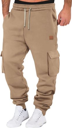 Generic Mens Fleece Lined Joggers - Baggy Track Pants, Elasticated Drawstring Waist, Open Bottom with Side Pockets, Thermal for Workout Casual Athleisure Khak