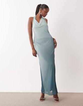 Tfnc Vestito lungo da damigella allacciato al collo in chiffon blu acqua sfumato-Verde