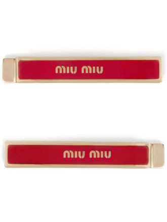 Miu Miu logo-engraved hairclip (pack of two) - women - Brass - One Size - Red