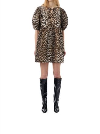 Ganni Printed Cotton Tie String Mini Dress In Leopard