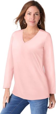Roaman's Plus Size Ultimate Long Sleeve V Neck Tee in Soft Blush at Nordstrom, Size 12