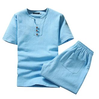 Generic Mens Linen Shirts and Five Quarter Pants Set 2 Piece Solid Color Casual Outfit Summer Comfortable Crew Neck Short Sleeve Three Buttons Shirt Top and E