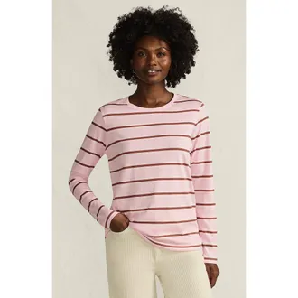 Lands End Relaxed Supima Cotton Long Sleeve Crew Neck T-Shirt in Sea Salt Pink/ginger Stripe at Nordstrom, Size X-Large