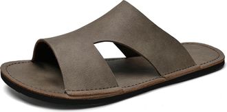 Generic Mens Leather Flat Slides Sandals Classic Round Open Toe Slip On Comfort Soft Bottom Anti-Slip Casual Slippers Lightweight Beach Walking Vacation Summe