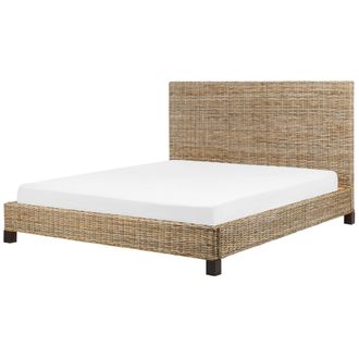 Beliani Cama Con Somier De Rat&aacute;n Natural Madera Oscura 180 X 200 Cm Caoba Panel Salbris
