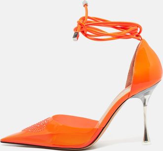 Mach & Mach Neon Orange Leather And Pvc Crystal Embellished Heart Ankle Tie Pumps