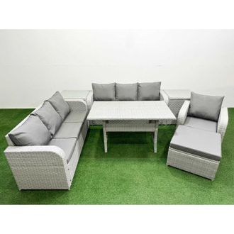 Fimous 8 Seater Poly Rattan Outdoor Garden Furniture Rectangular Dining Table Sofa Set Patio 3 Seater Sofa Reclining Chair 3 Seater Sofa Big Footstool Light