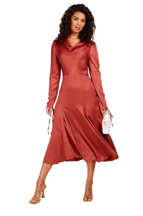 Little Mistress Coral Rose Satin Cowl Neck Midi Dress, 8
