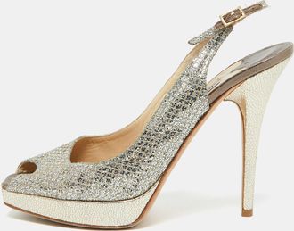 Jimmy Choo London Gold Lurex Fabric Nova Peep Toe Slingback Sandals