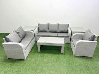 Fimous Patio PE Wicker 6 Seater Outdoor Rattan Furniture Sofa Sets w/ Oblong Coffee Table Reclining Chair Loveseat Sofa 3 Seater Sofa 2 Side Table