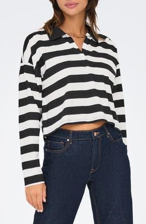 Only May Life Stripe Boxy Polo Top in Blackstripes Cloud Dancer at Nordstrom Rack, Size X-Large