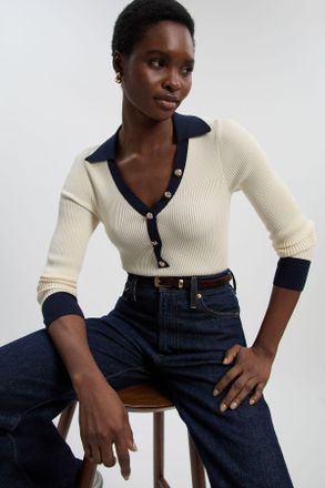 Karen Millen Womens Knit Rib With Contrast Hem Detail Collared Top - White Polyamide - Size X-Small