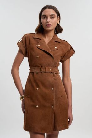 Karen Millen Womens Suede Utility Mini Dress - Beige Leather - Size 14 UK