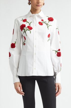 Carolina Herrera Isabella Rose Embroidered Stretch Poplin Button-Up Shirt in White Multi at Nordstrom, Size 6